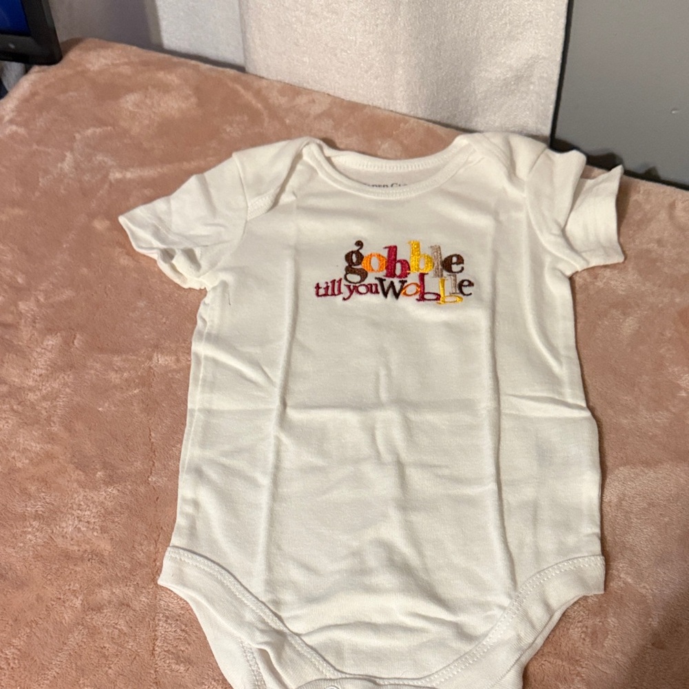 Baby One-Piece Bodysuit with 'Gobble Till You Wobble' Embroidery - White